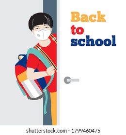 Asian, chinese or japanese teen schoolboy with backpack, wearing medical face mask is opening the classroom door. Back to school during coronavirus pandemic, safety, health protection  vector concept.