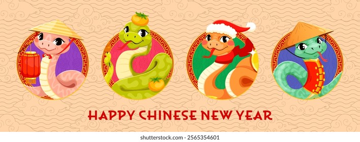 Asian Chinese Lunar New Year holiday snakes collage banner, vector lunar calendar zodiac symbols. Cartoon funny horoscope snake characters with Chinese New Year lantern, hats and oranges