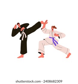 Asian, Chinese martial art. Karate sportsmen training, sparring. Professional kung fu fighter fight, hits competitor. Traditional Japanese sport competition. Flat isolated vector illustration on white