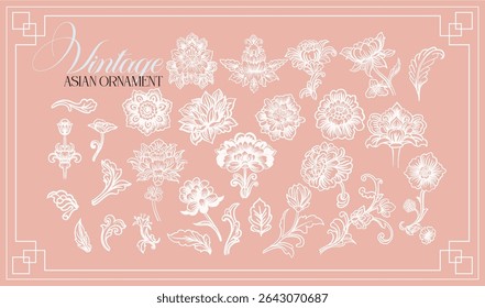 Asiático, estilo chinês. Conjunto de elementos lineares graciosos (botânico, fantasia) estilizado como vintage porcelana pintura chinesa. Ilustrações digitais vetoriais no plano de fundo colorido com texto.