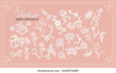Asiático, estilo chinês. Conjunto de elementos lineares graciosos (botânico, fantasia) estilizado como vintage porcelana pintura chinesa. Ilustrações digitais vetoriais no plano de fundo colorido com texto.