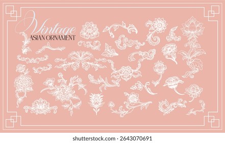 Asiático, estilo chinês. Conjunto de elementos lineares graciosos (botânico, fantasia) estilizado como vintage porcelana pintura chinesa. Ilustrações digitais vetoriais no plano de fundo colorido com texto.