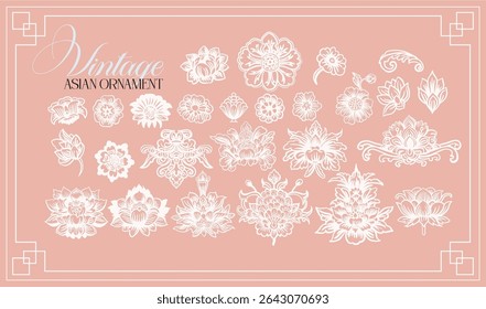 Asiático, estilo chinês. Conjunto de elementos lineares graciosos (botânico, fantasia) estilizado como vintage porcelana pintura chinesa. Ilustrações digitais vetoriais no plano de fundo colorido com texto.