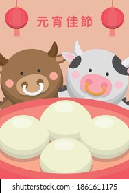 Asian Chinese and Taiwanese festivals: Lantern Festival, delicious glutinous rice balls and cows, New Year’s graphic poster design, vector cartoon illustration, subtitle translation: Lantern Festival