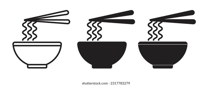 Asian chinese, thai, or japanese noodles bowl with chopsticks icon vector set in filled and outlined style.