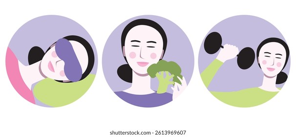 Asian or Chinese Woman Work Life Balance for Wellness, Flat Vector Stock Illustration as Biohacking for sstkWellness