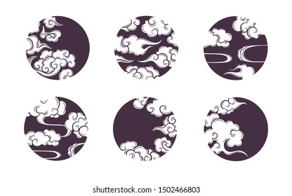 Asian circle cloud set. Traditional cloudy ornaments in chinese, korean and japanese oriental style.  Set of vector decoration retro elements. Sky collection isolated on white background. 