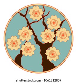 asian circle graphic pattern with blooming cherry tree in ivory and blue