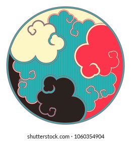 asian circle graphic pattern with clouds in blue black and red