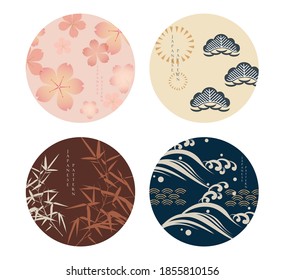 Asian circle icon set with Japanese Cherry blossom flower, bamboo, bonsai and wave object vector. Template for logo design, flyer or presentation in vintage style.