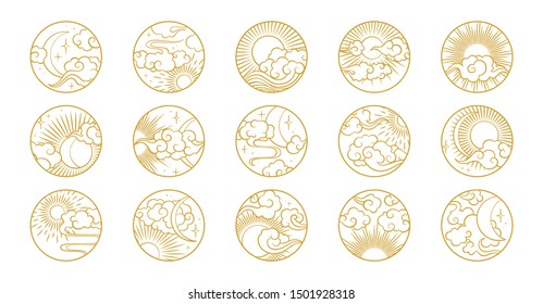 Asian circle pattern set with clouds, moon, sun, stars . Vector collection in oriental chinese, japanese, korean style. Line hand drawn illustration isolated on white background. Retro elements set.