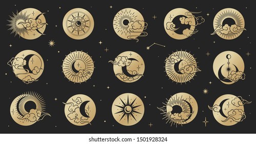 Asian circle pattern set with clouds, moon, sun, stars . Vector collection in oriental chinese, japanese, korean style. Line hand drawn illustration isolated on black background. Retro elements set.