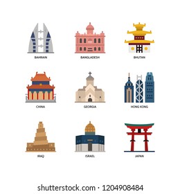 Asian cities and counties landmarks icons set 2