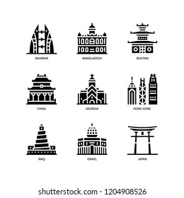 Asian cities and counties landmarks icons set 2