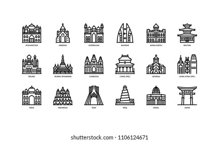 Asian cities landmarks icons set 1