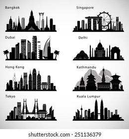 Cidades Asiáticas definir horizonte. Silhuetas vetoriais