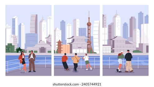 Asian city cards set. Chinese skyscrapers in downtown, China. Tourists looking at Eastern cityscape, high buildings in Beijing, Shanghai, vertical urban travel posters. Flat vector illustrations