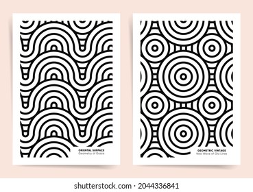 Diseño de patrones asiáticos clásicos para afiches, portada de libros, folleto o fondo. Geometría japonesa y ondas retro conjunto de fondos abstractos. Concepto mínimo de formas de geometría ondulada. Fondo del vector japón.