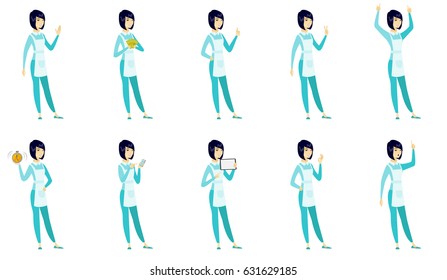 Asian cleaner holding a tablet computer. Full length of young cleaner pointing at tablet computer. Cleaner with tablet computer. Set of vector flat design illustrations isolated on white background.