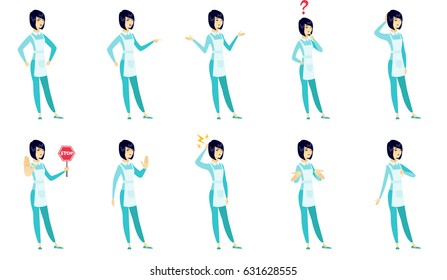 Limpiador asiático con un rayo sobre la cabeza. Largo y largo de un limpiador joven con un rayo. Limpiador confiado parado bajo un rayo. Conjunto de ilustraciones de diseño plano vectorial aisladas en fondo blanco.