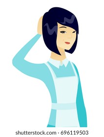 Limpiadora asiática con uniforme rascándose la cabeza. Joven y reflexivo cabeza de rayado. Cabeza de rayado de limpiador desconcertado. Ilustración de diseño plana vectorial aislada en fondo blanco.