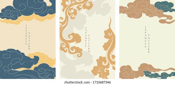 Asian cloud background with Japanese wave pattern vector. Oriental template in vintage style. 