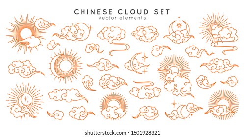 Asian cloud set with moon, sun and stars. Vector collection in oriental chinese, japanese, korean style. Line hand drawn illustration isolated on white background. Retro elements set.