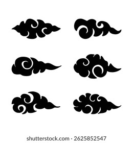Asian Cloud Vector Silhouettes, Decorative Swirl Cloud Icons for Oriental Design.

