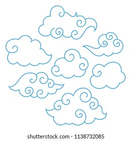 Asian Clouds Outline - Set of 7 Asian style clouds with light blue outline isolated on white background
