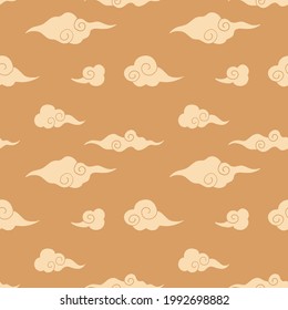 Asian clouds vector seamless pattern with beige and brown colors. Simple traditional background in asian trending style with sky. Square seamless pattern for web designs, fabrics, fashion, textile.