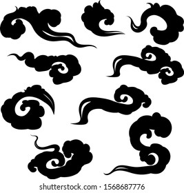 Asian cloudy set. Traditional chinese, korean and japanese clouds in oriental style. Set of sky elements. Vector collection isolated on white background.