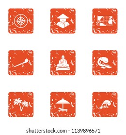 Asian coast icons set. Grunge set of 9 asian coast vector icons for web isolated on white background