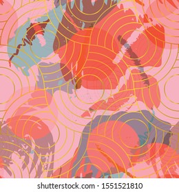 Asian colorful abstract vector seamless pattern. Paint splashes and brush strokes in warm colors , inspired by oriental fabrics and textiles create  modern expressive background
