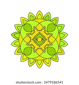 Asian colorful floral mandala. Vector ethnic circular ornament. Stylish design in green and yellow shades