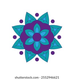 Mandala floral asiática colorida. Ornamento circular étnico vetorial. Design elegante em tons de azul escuro, violeta e turquesa