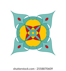 Asian colorful floral mandala. Vector ethnic circular ornament. Stylish design in green, yellow and red shades