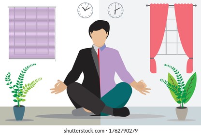 Asian concept of life and work balance through illustration. Young businesswoman doing yoga meditation. Balancing life in office and home India vector stock illustration. 