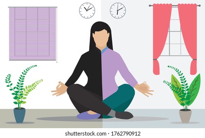 Asian Concept Of Life And Work Balance Through Illustration. Young Businesswoman Doing Yoga Meditation. Balancing Life In Office And Home India Vector Stock Illustration. 