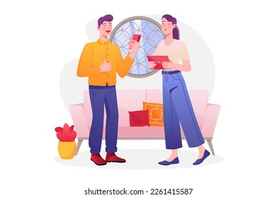 Asian concept People use gadgets with people scene in the flat cartoon style. Boy shows the girl how to use the new gadget correctly. Vector illustration.