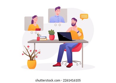 Asian concept Videoconference with people scene in the flat cartoon design. Director joined the video conference to chat with his colleagues. Vector illustration.