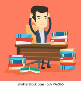 Asian concerned student studying hard before exam. Young stressed student studying with textbooks. Desperate student studying in the library. Vector flat design illustration. Square layout.