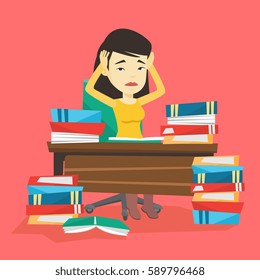 Asian concerned student studying hard before exam. Young stressed student studying with textbooks. Desperate student studying in the library. Vector flat design illustration. Square layout.