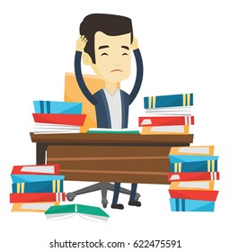 Asian concerned student studying hard before exam. Stressed student studying with textbooks. Desperate student studying in the library. Vector flat design illustration isolated on white background.