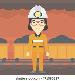 An asian confident coal miner. A female miner in hardhat with torch. Miner standing on the background of mining tunnel with cart full of coal. Vector flat design illustration. Square layout.