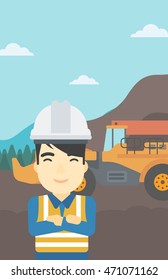 An asian confident coal miner. A miner standing in front of a big mining equipment on the background of coal mine. Vector flat design illustration. Vertical layout.