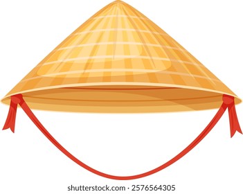 Asian conical hat made of straw with red ribbons, representing traditional clothing and cultural heritage of East and Southeast Asia, often worn for sun protection and as a fashion accessory