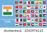 Asian continent country flags postage stamps collection. Vector illustration.