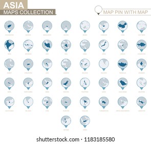 Asian countries detailed map collection, blue map pin with country map