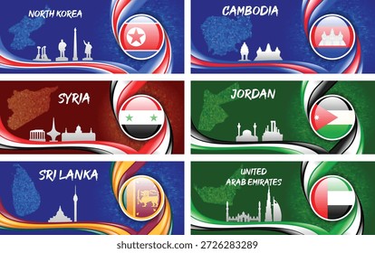 Asian Countries Flag Map Collection with National Colors, Landmarks, and Abstract Wave Background