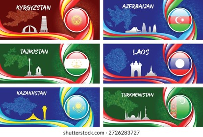 Asian Countries Flag Map Collection with National Colors, Landmarks, and Abstract Wave Background